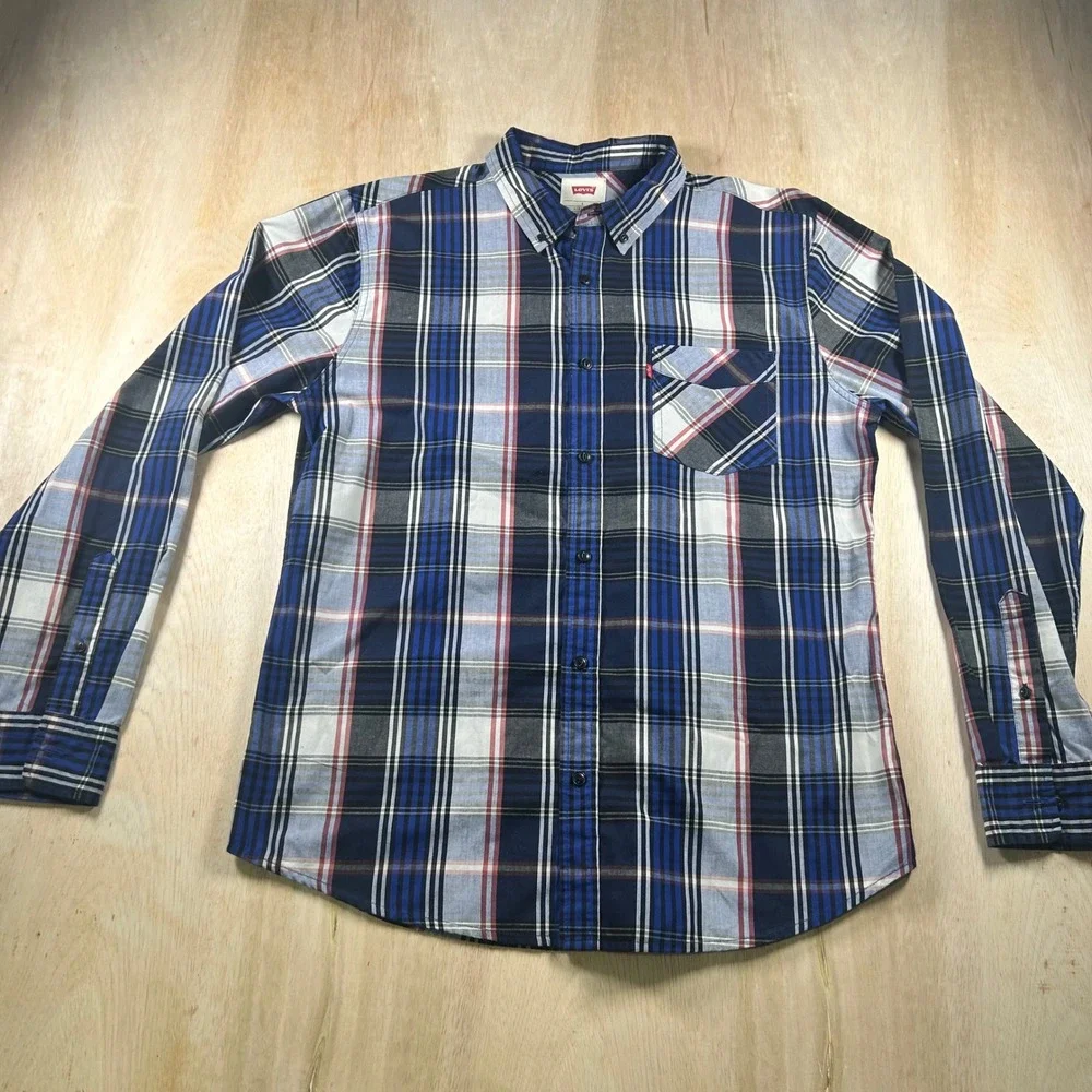 Levis Mens Long Sleeve Plaid Button Down Shirt Blue White Red Large RN117508